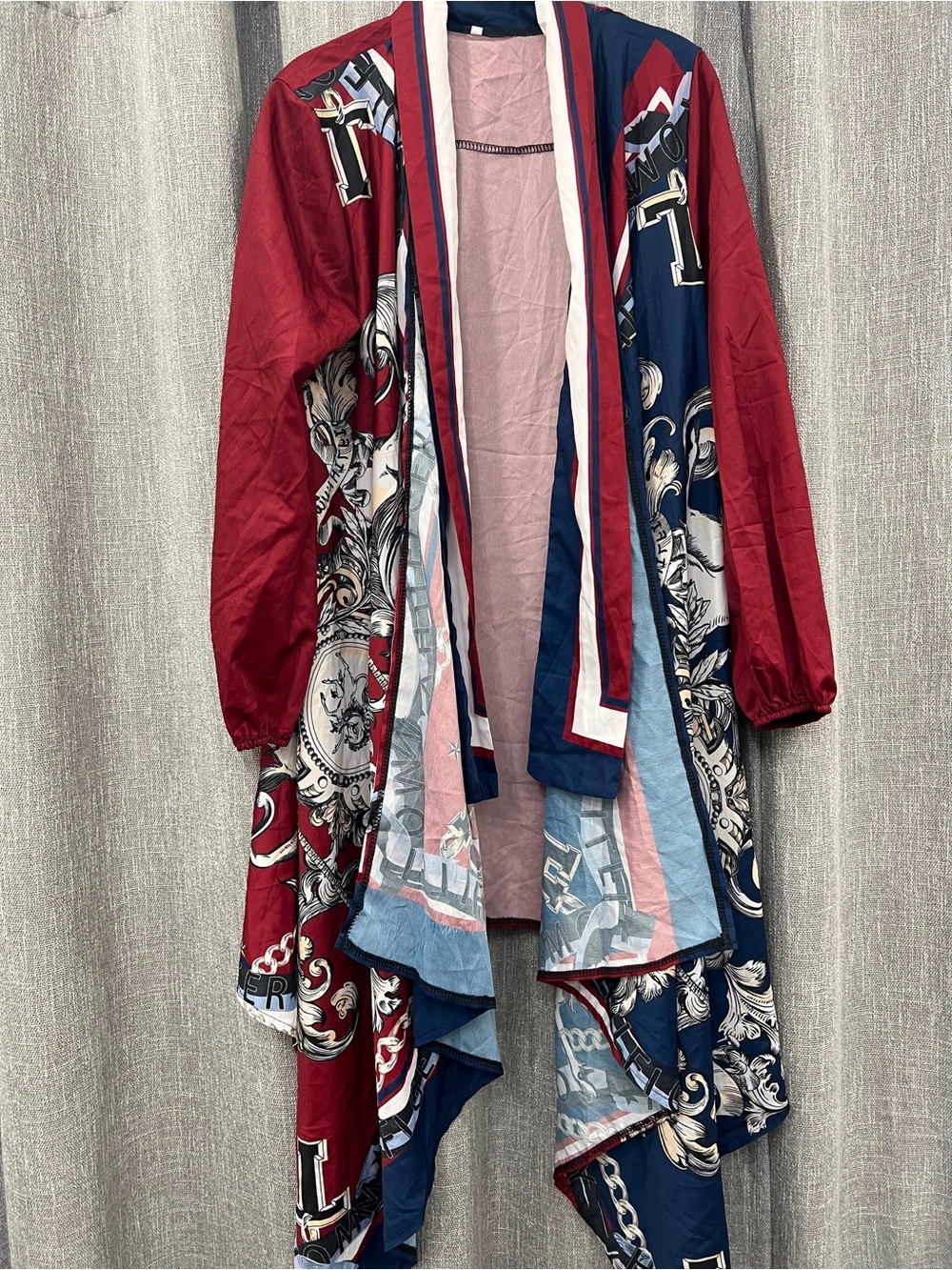 Source Unknown Red & Navy Printed Draped Trench Coat